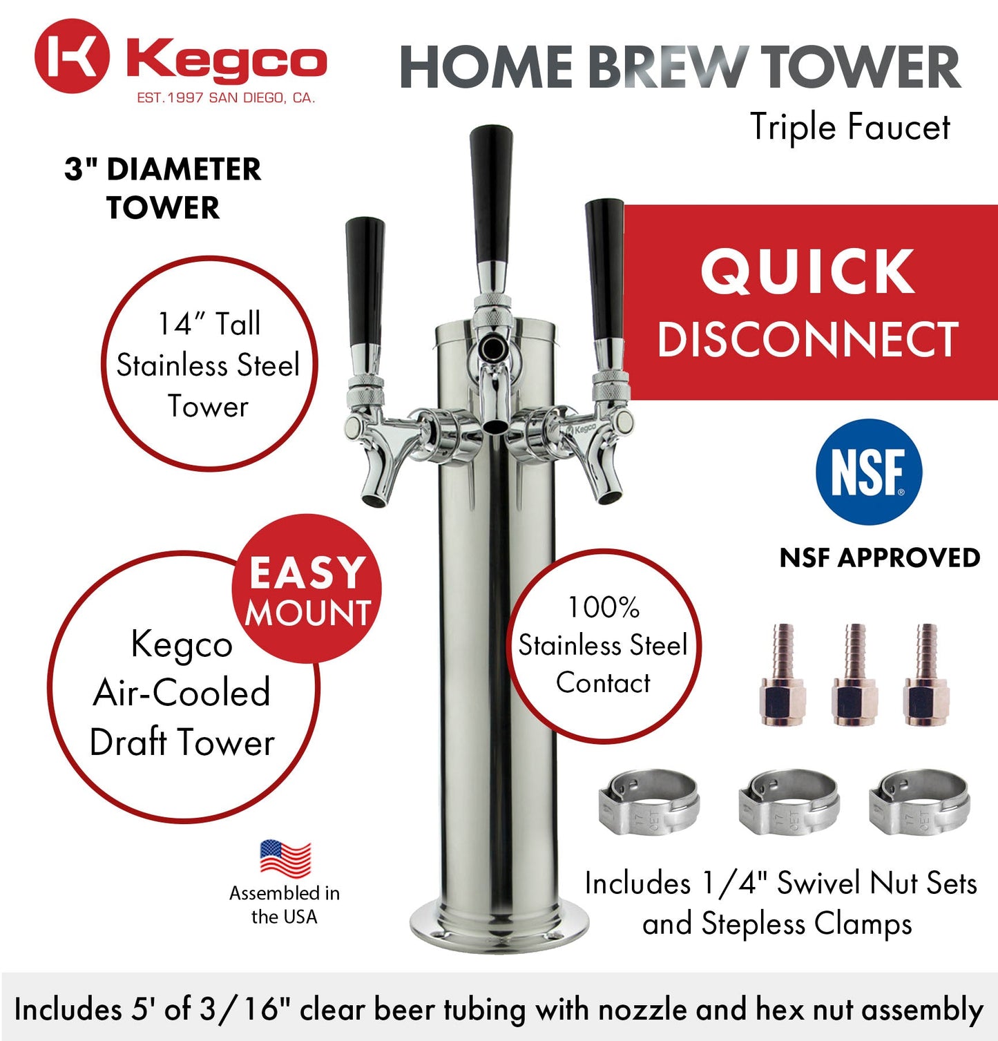 14" Tall Polished Stainless Steel 3-Tap All Stainless Contact Quick Disconnect Homebrew Tower