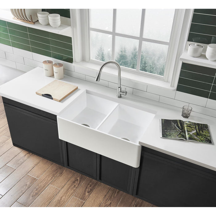 Kingston Brass Arcticstone 33 in. Solid Surface Farmhouse Kitchen Sink, Matte/Glossy White (GPFA331810BCD)