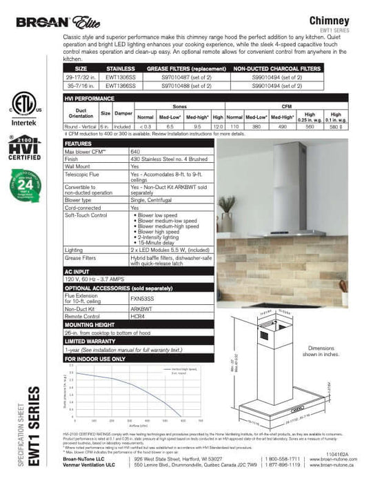 Broan-NuTone, LLC Elite EWT1 Series Chimney Range Hood With Size Options (EWT16SS)