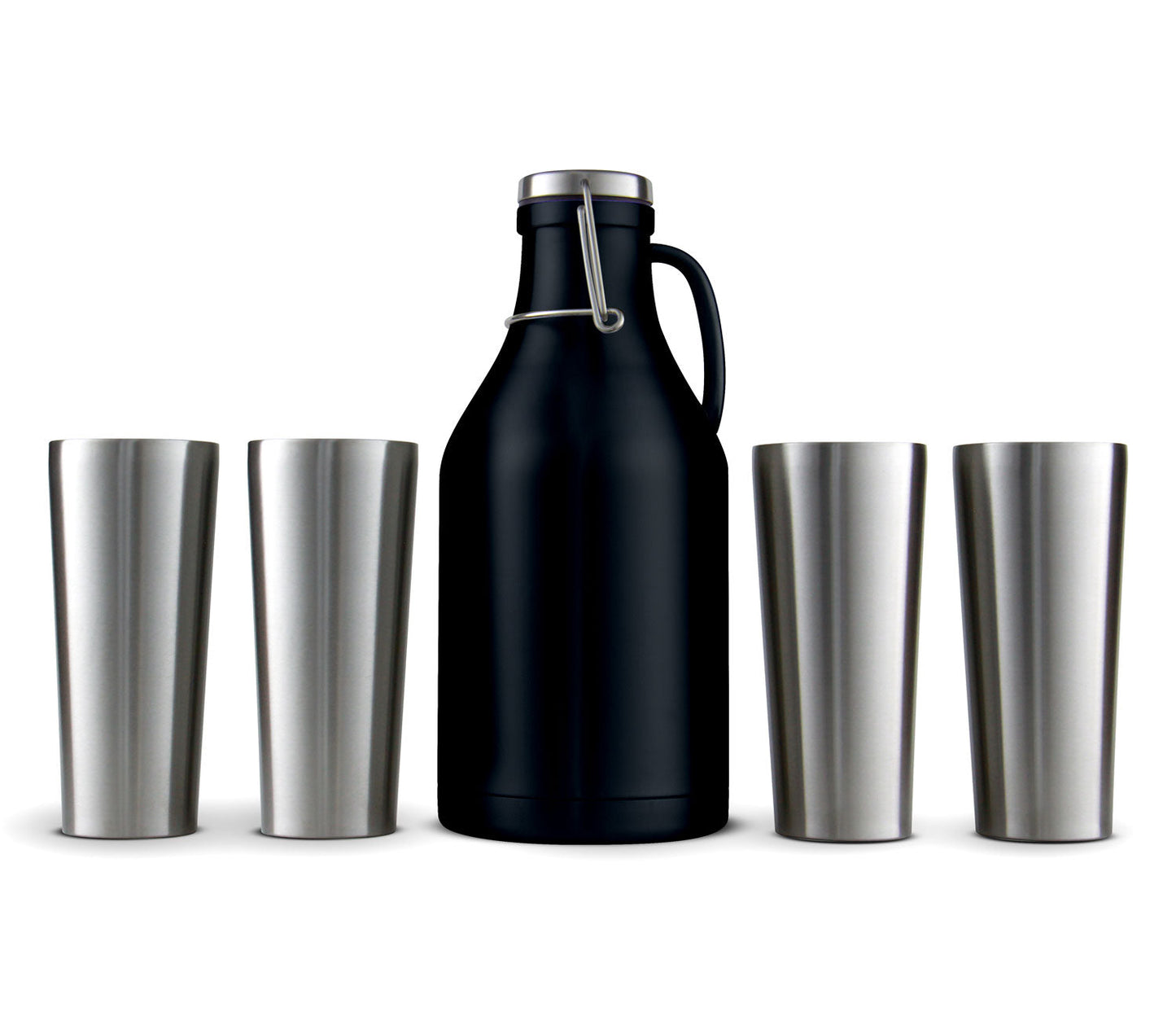 64-oz. Black Beer Growler with 4 16-oz. Stainless Steel Pint Glasses