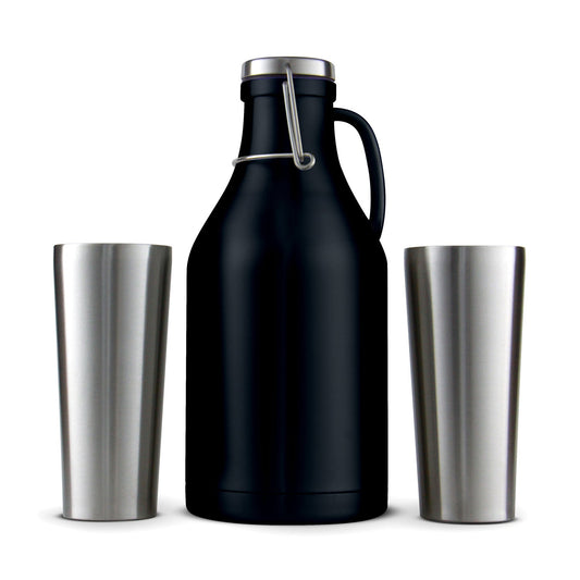 64-oz. Black Beer Growler with 2 16-oz. Stainless Steel Pint Glasses