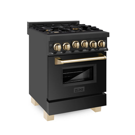 ZLINE Autograph Edition 24 in. 2.8 cu. ft. Range with Gas Stove and Gas Oven in Black Stainless Steel with Polished Gold Accents (RGBZ-24-G)