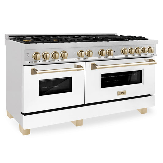 ZLINE Autograph Edition 60 in. 7.4 cu. ft. Dual Fuel Range with Gas Stove and Electric Oven in Stainless Steel with White Matte Door and Polished Gold Accents (RAZ-WM-60-G)