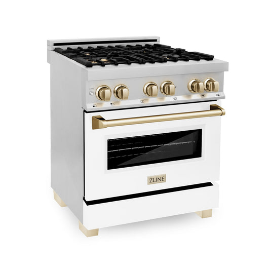 ZLINE Autograph Edition 30 in. 4.0 cu. ft. Dual Fuel Range with Gas Stove and Electric Oven in Stainless Steel with White Matte Door and Polished Gold Accents (RAZ-WM-30-G)